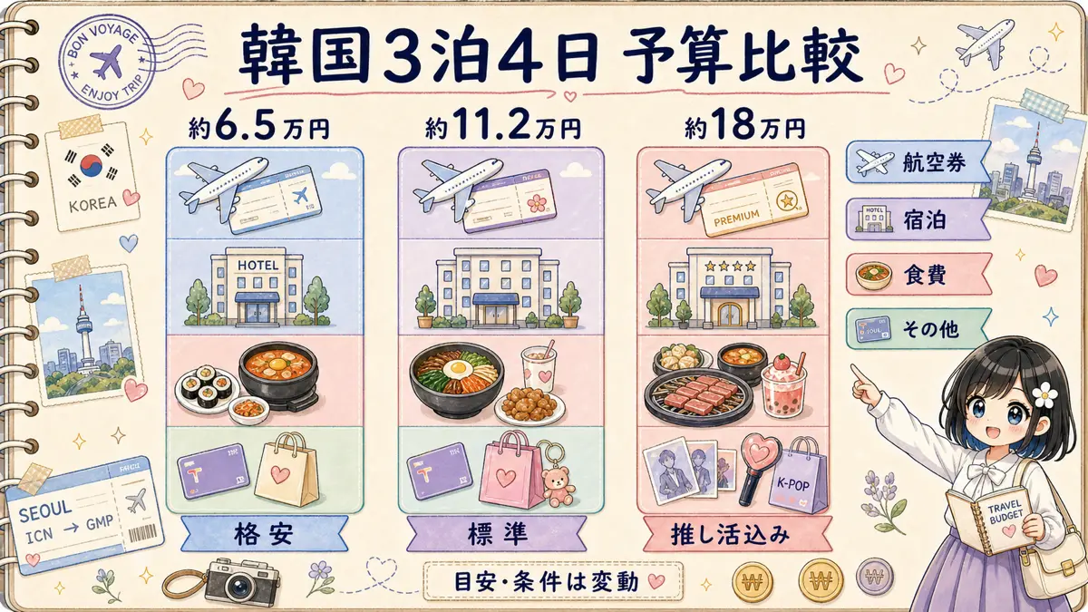 韓国3泊4日の格安・標準・推し活込み予算を比較した積み上げ棒グラフ