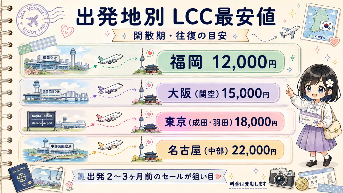 韓国行きLCC最安値を福岡・大阪・東京・名古屋の出発地別に比較した図