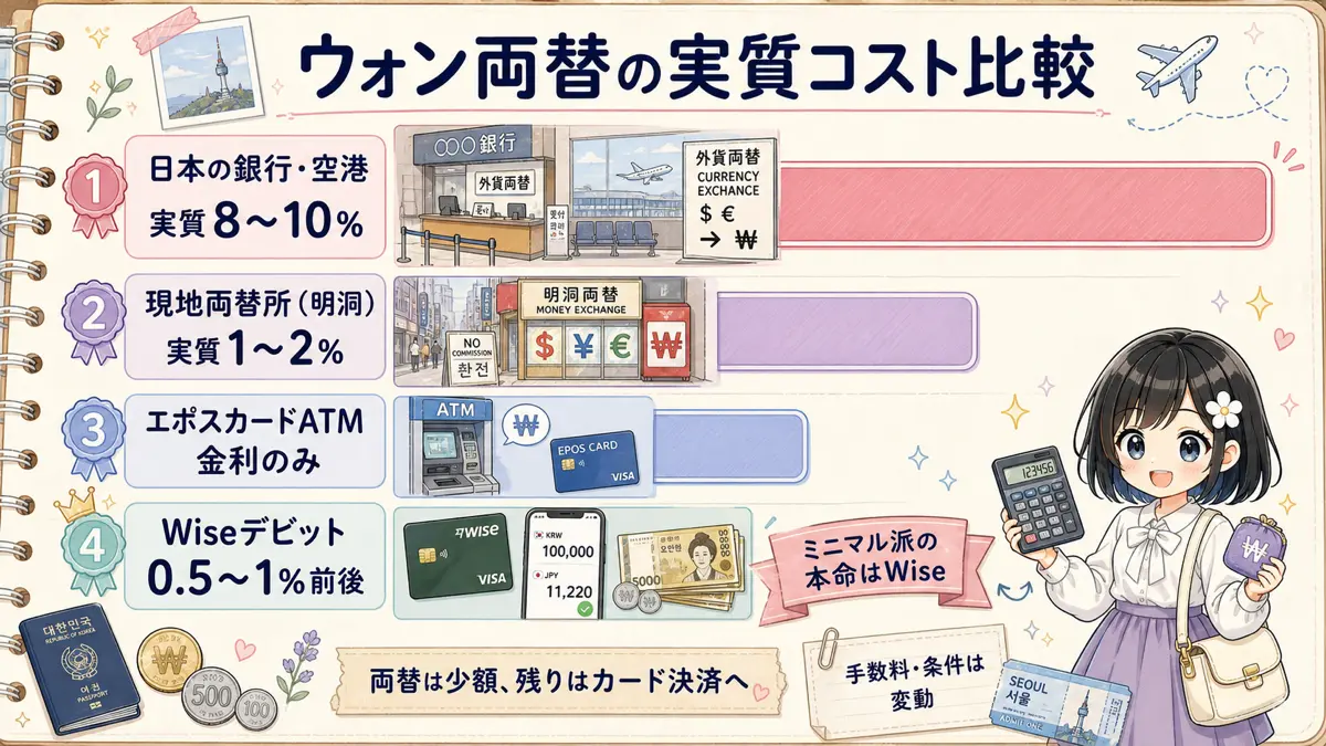 韓国ウォン両替の日本の銀行・現地両替所・エポスカードATM・Wiseデビットの実質コスト比較図