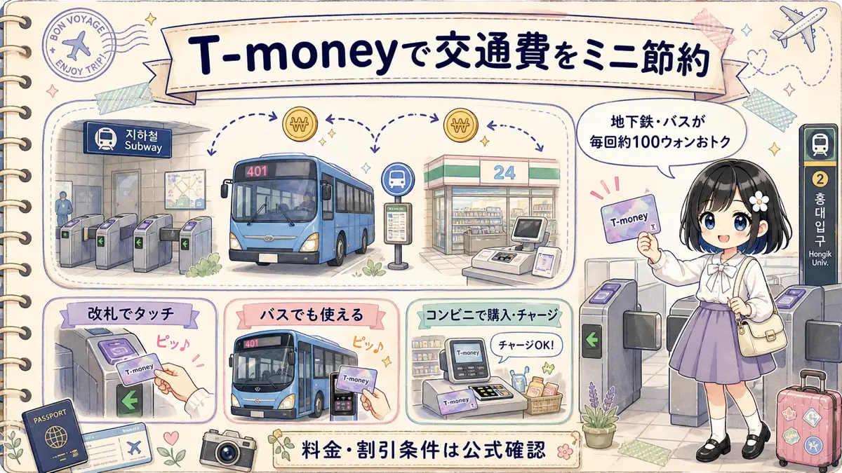 TofuMaruちゃんがT-moneyカードで韓国の地下鉄とバスを節約するコツを案内する図