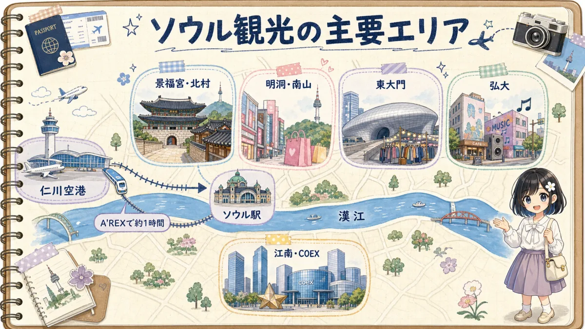 ソウル主要観光エリアと仁川空港から市内への動線を示した旅行ノート風マップ