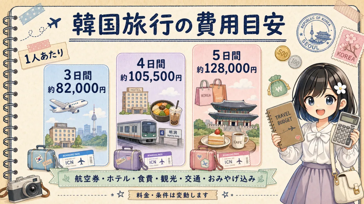 韓国旅行3日間4日間5日間の費用目安を比較した棒グラフ風イラスト