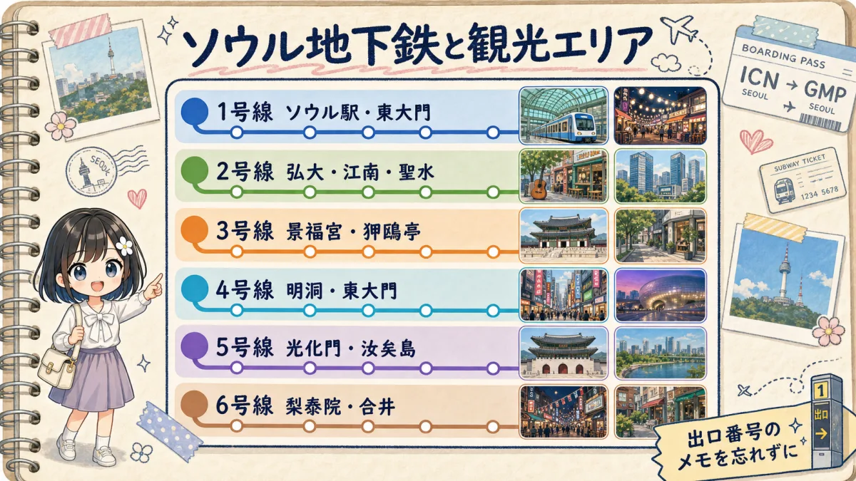 ソウル地下鉄の路線番号と主要観光エリアの対応を示した旅行ノート風路線図