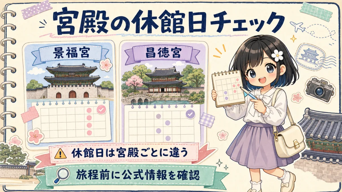 韓国の宮殿は施設ごとに休館日が違うため公式情報の確認を促すTofuMaruちゃんの注意イラスト