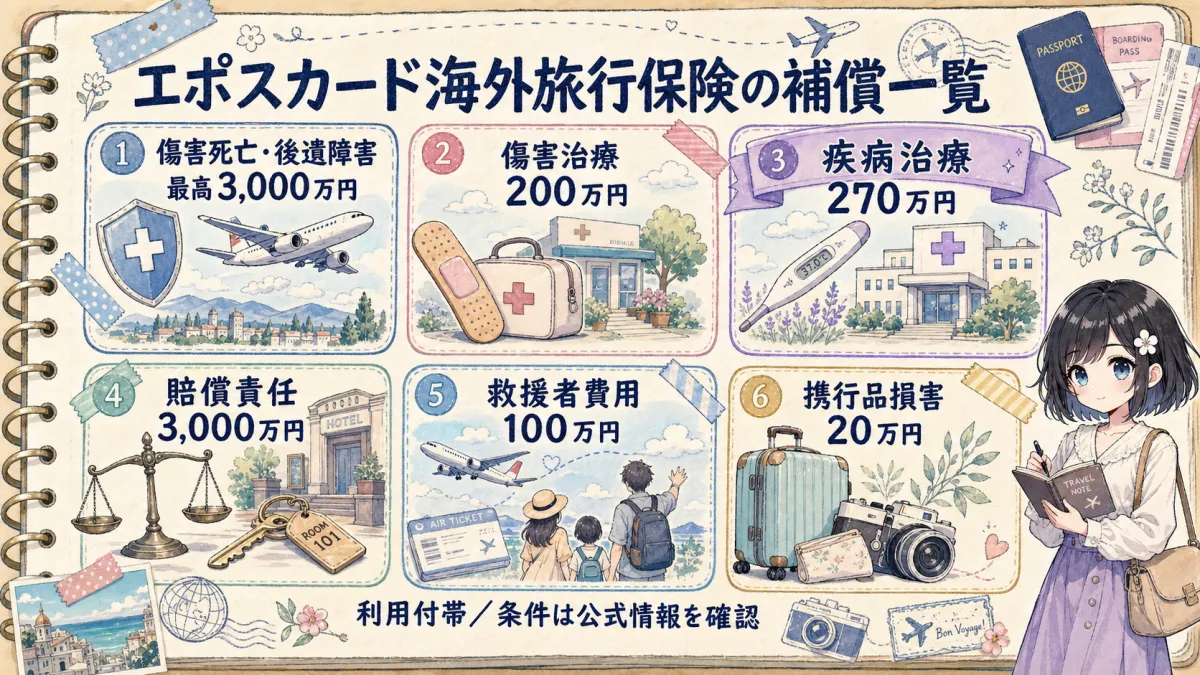 エポスカード海外旅行保険の補償6項目と上限額一覧の図解