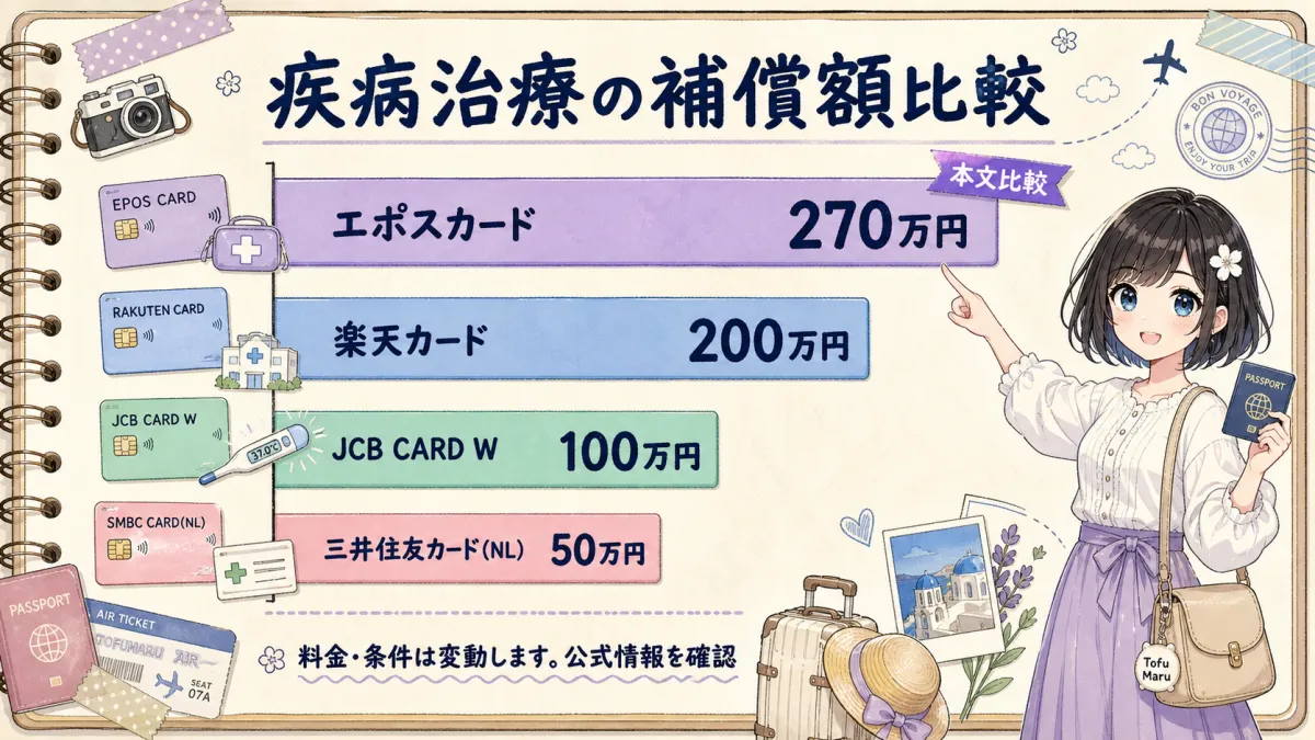 年会費無料カードの疾病治療補償額を比較した横棒グラフ
