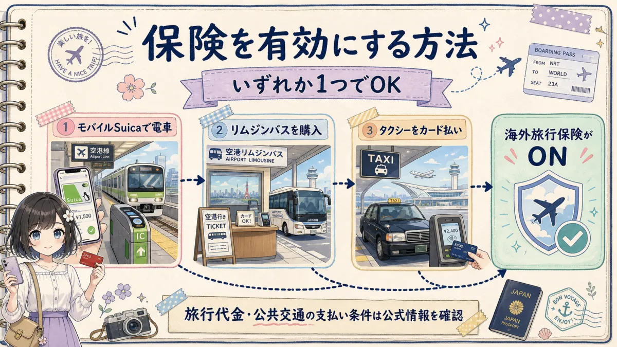 エポスカード海外旅行保険を利用付帯で有効にする交通費支払い方法のフロー図