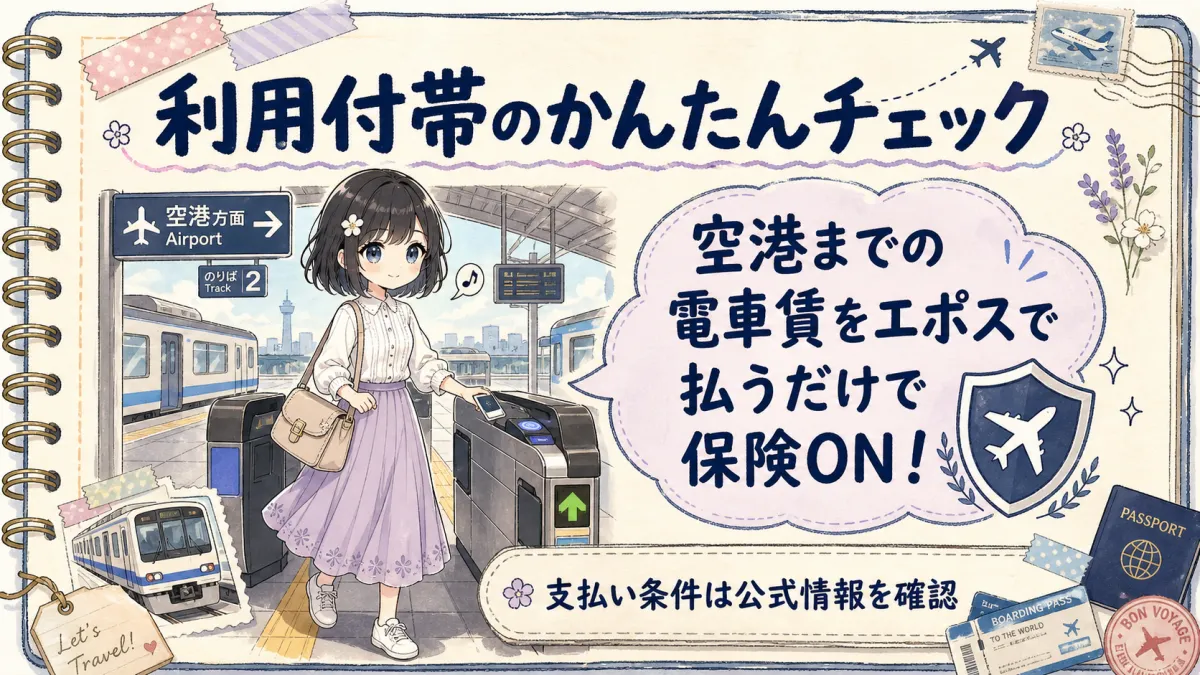 TofuMaruちゃんが空港までの電車賃支払いで利用付帯を確認するイラスト