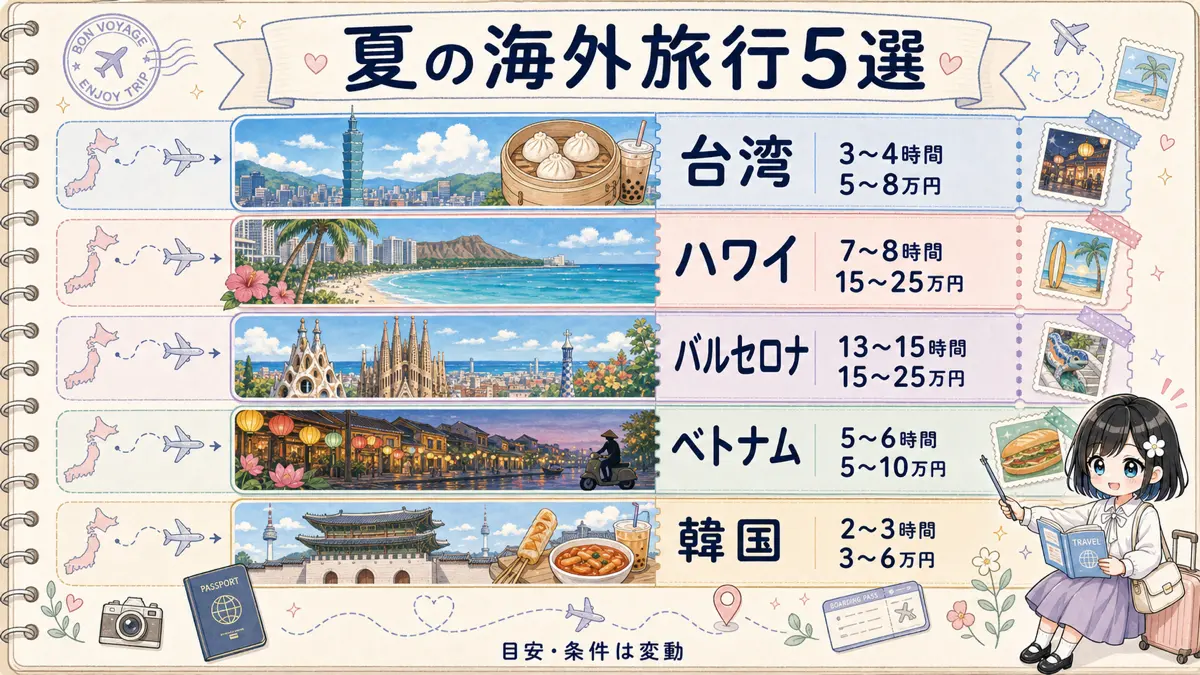 夏の海外旅行おすすめ5選のフライト時間と費用目安を比較した旅行ノート風インフォグラフィック