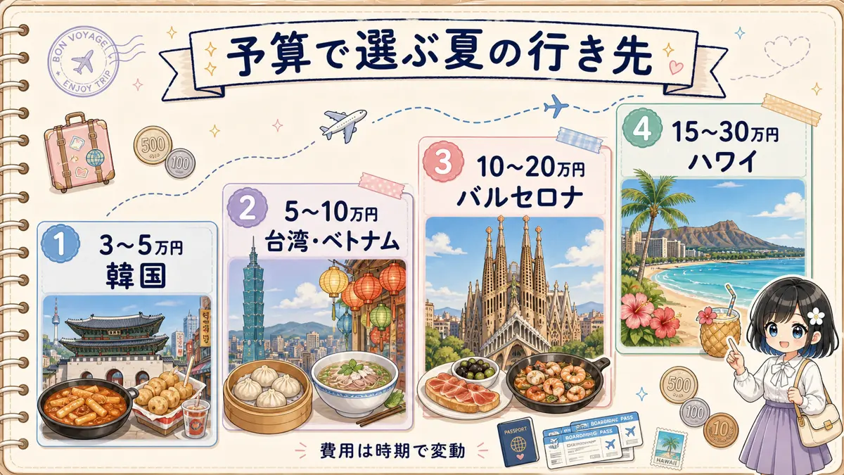 予算別に夏の海外旅行先を選ぶ階段図