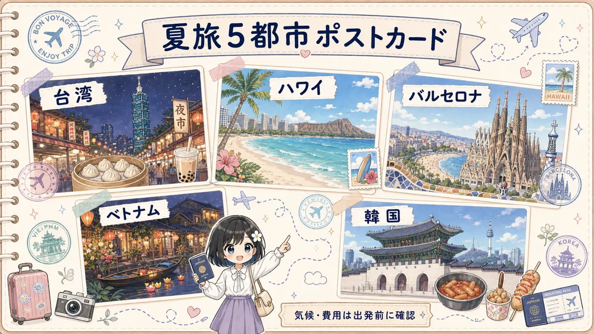 夏旅におすすめの台湾、ハワイ、バルセロナ、ベトナム、韓国を描いたポストカード風イラスト