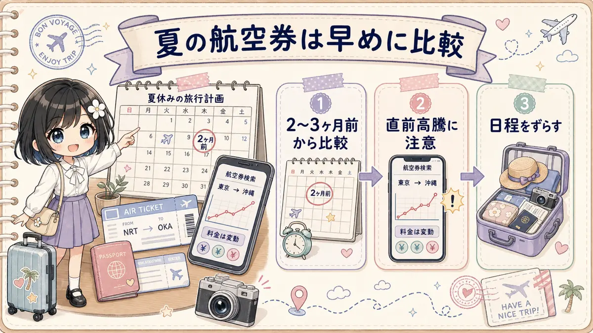 夏の航空券を早めに比較するよう案内するTofuMaruちゃんの旅行ノート風イラスト