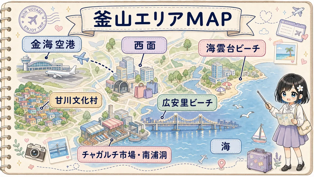 釜山の金海空港、西面、海雲台ビーチ、広安里ビーチ、チャガルチ市場・南浦洞、甘川文化村の位置関係を示した旅行ノート風マップ