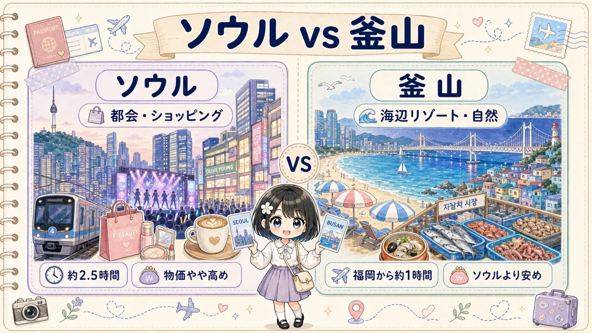 ソウルと釜山を都会ショッピング型と海辺リゾート自然型で比較した旅行ノート風図解