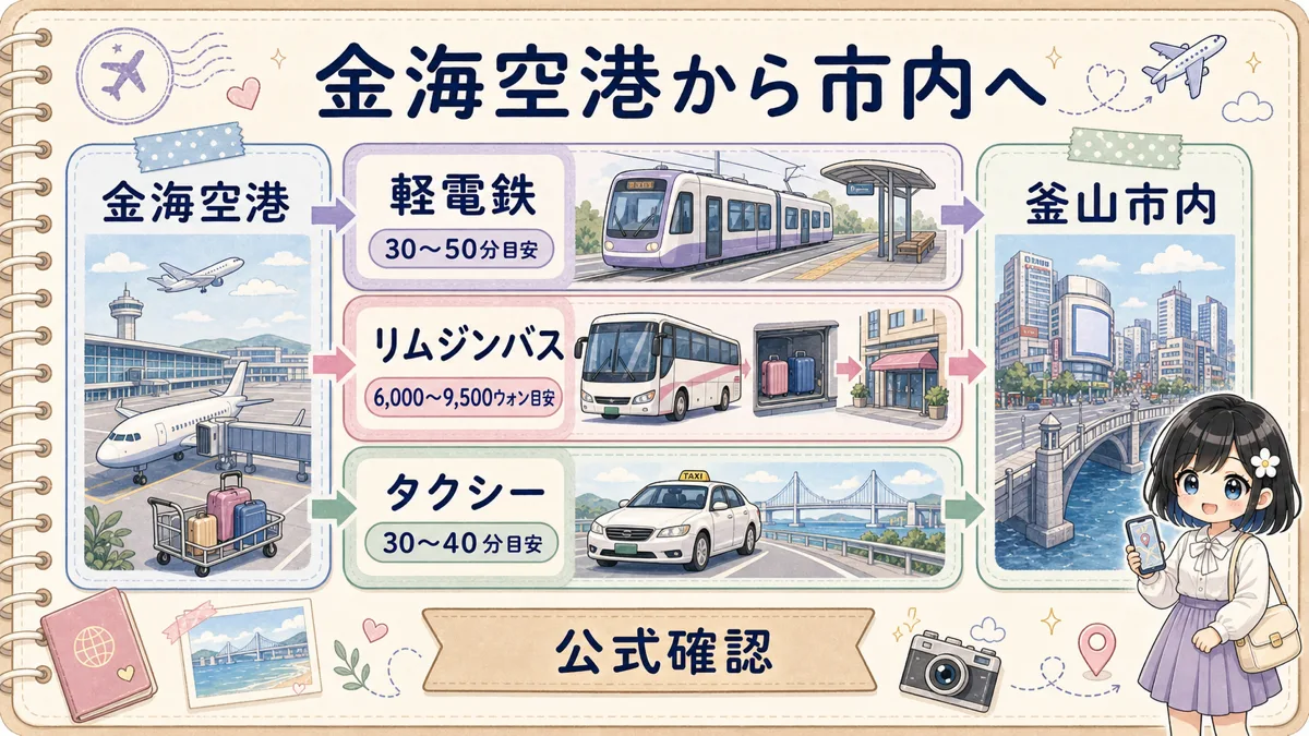 金海空港から釜山市内へ軽電鉄、リムジンバス、タクシーで移動する3ルートを比較した図解