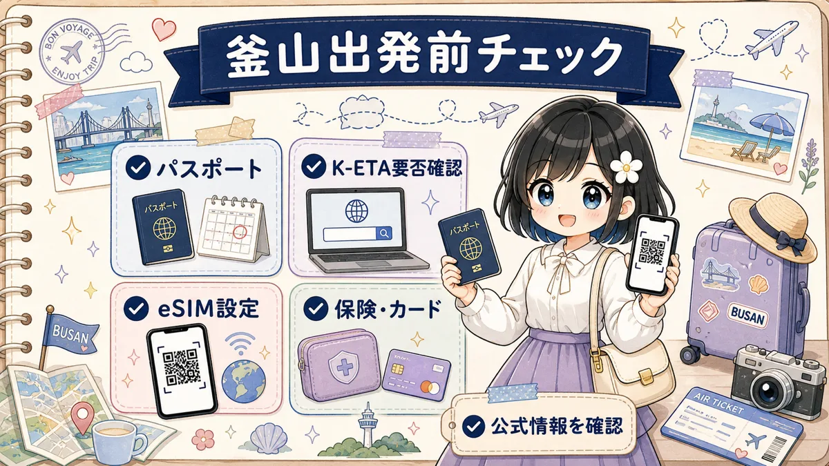 釜山旅行前にパスポート、K-ETA要否、eSIM設定、保険カードを確認するTofuMaruちゃんのチェックリスト