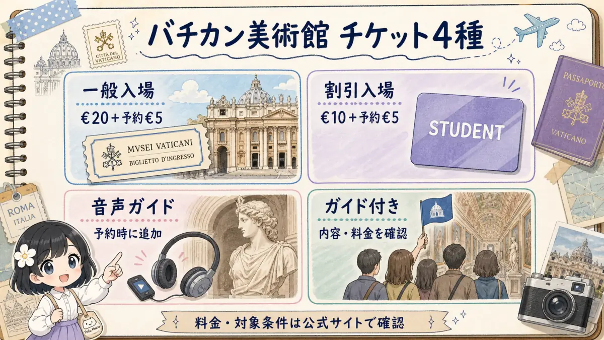 バチカン美術館の一般入場・割引入場・音声ガイド・ガイド付きチケットの比較図