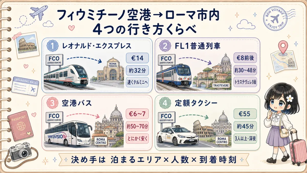 フィウミチーノ空港からローマ市内へのレオナルド・エクスプレス・FL1・空港バス・定額タクシー4手段を料金と所要時間で比較した早見表