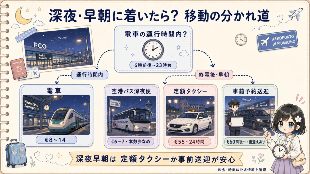 フィウミチーノ空港の深夜早朝の移動手段を空港バス深夜便と定額タクシーで示したフローチャート