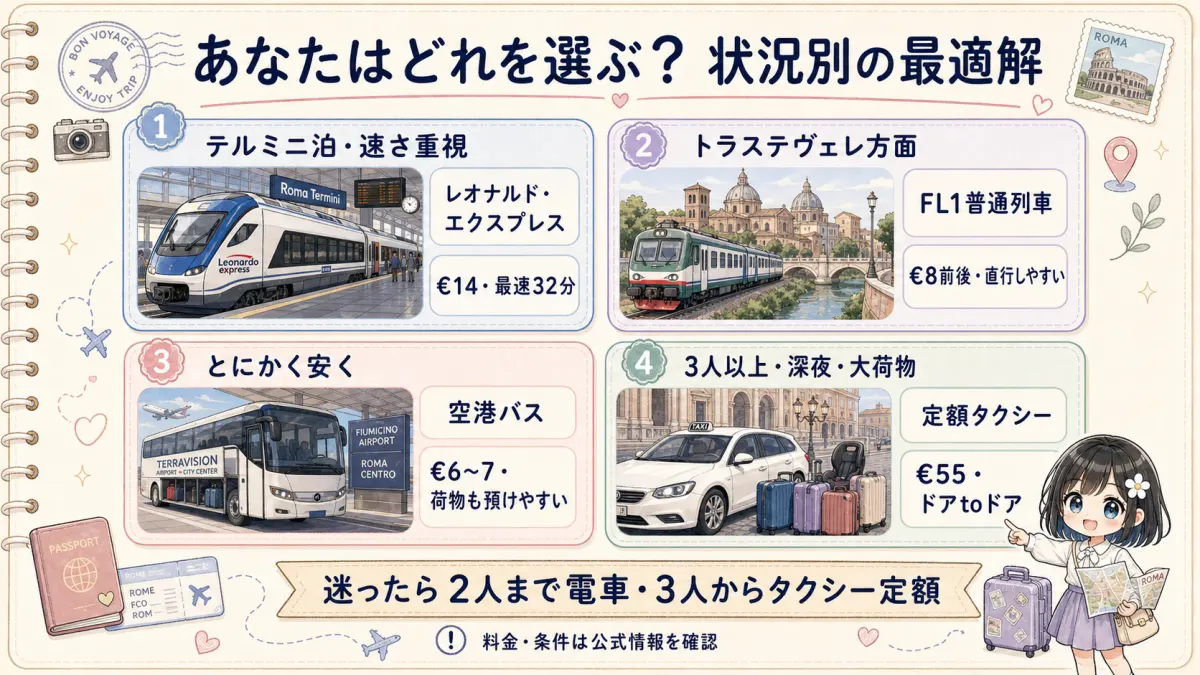 泊まるエリアや人数など状況別にフィウミチーノ空港からの最適な移動手段を示した図