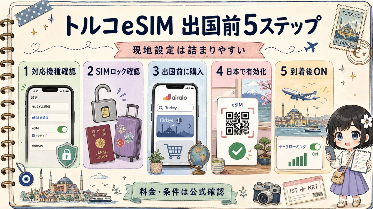 トルコeSIMを出国前に準備する5ステップの旅行ノート風図解
