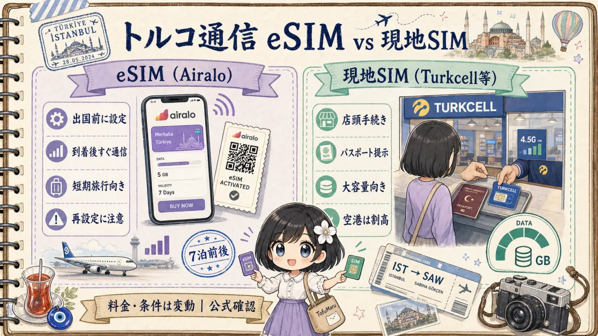 トルコ旅行のeSIMと現地SIMを比較する旅行ノート風図解
