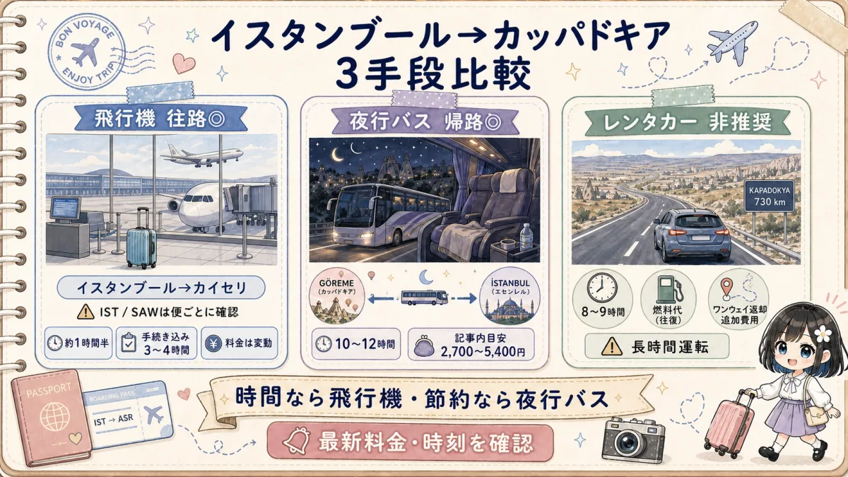 イスタンブールからカッパドキアへの飛行機・夜行バス・レンタカー比較