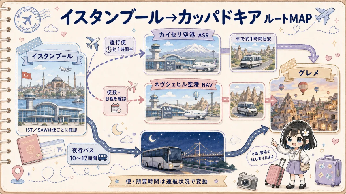 イスタンブールからカイセリ空港・ネヴシェヒル空港・グレメへのルート図