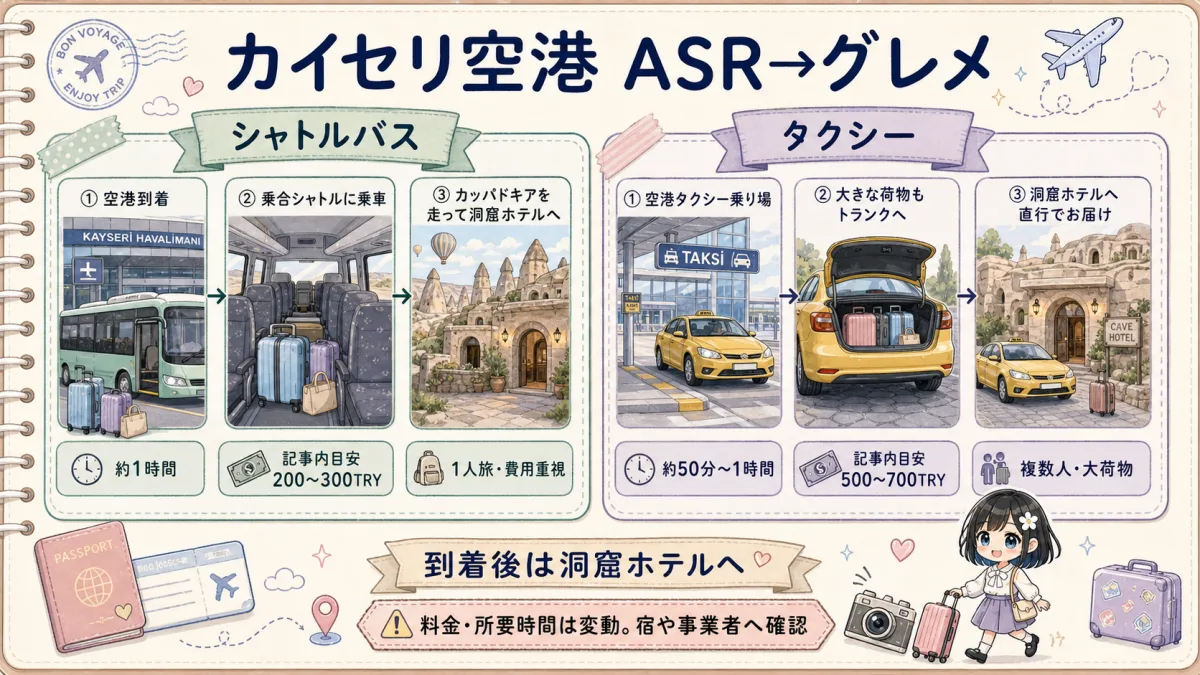 カイセリ空港からグレメへのシャトルバスとタクシー比較