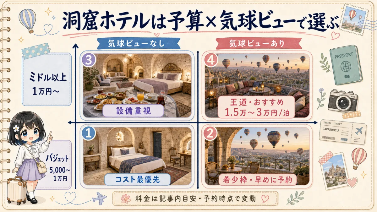 カッパドキア洞窟ホテルを予算と気球ビューで選ぶ4象限図