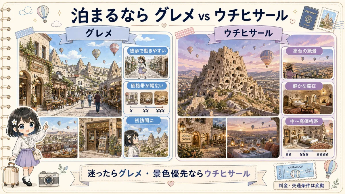 カッパドキアのグレメとウチヒサールの宿泊エリア比較