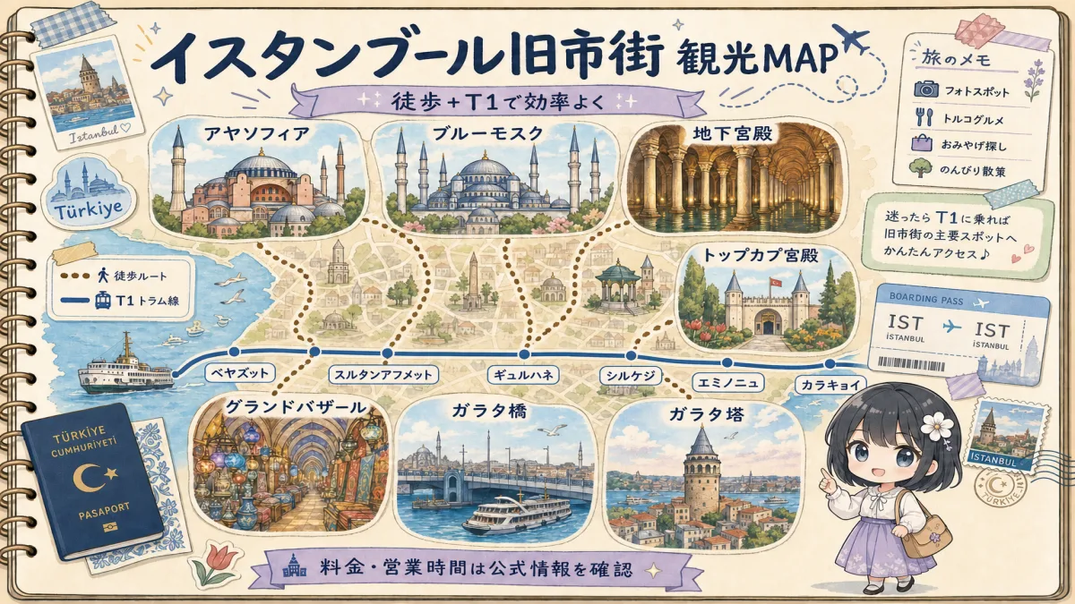 イスタンブール旧市街の主要観光スポットとT1トラムを示す観光マップ