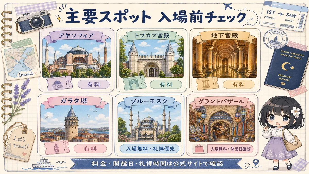 イスタンブール主要観光スポットの有料・無料と入場前確認事項