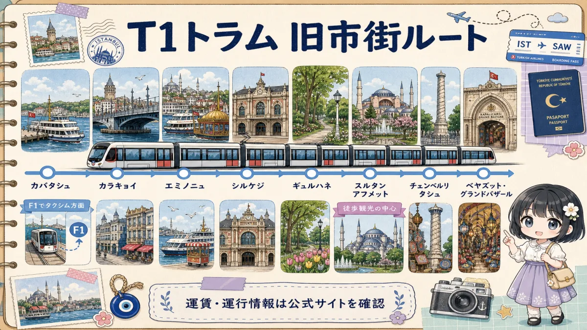 T1トラムのカバタシュからベヤズット・グランドバザールまでの主要停留所図
