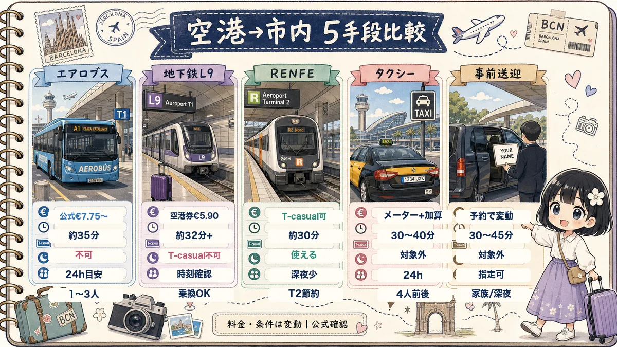 バルセロナ空港から市内への5手段を比較した旅行ノート風図解