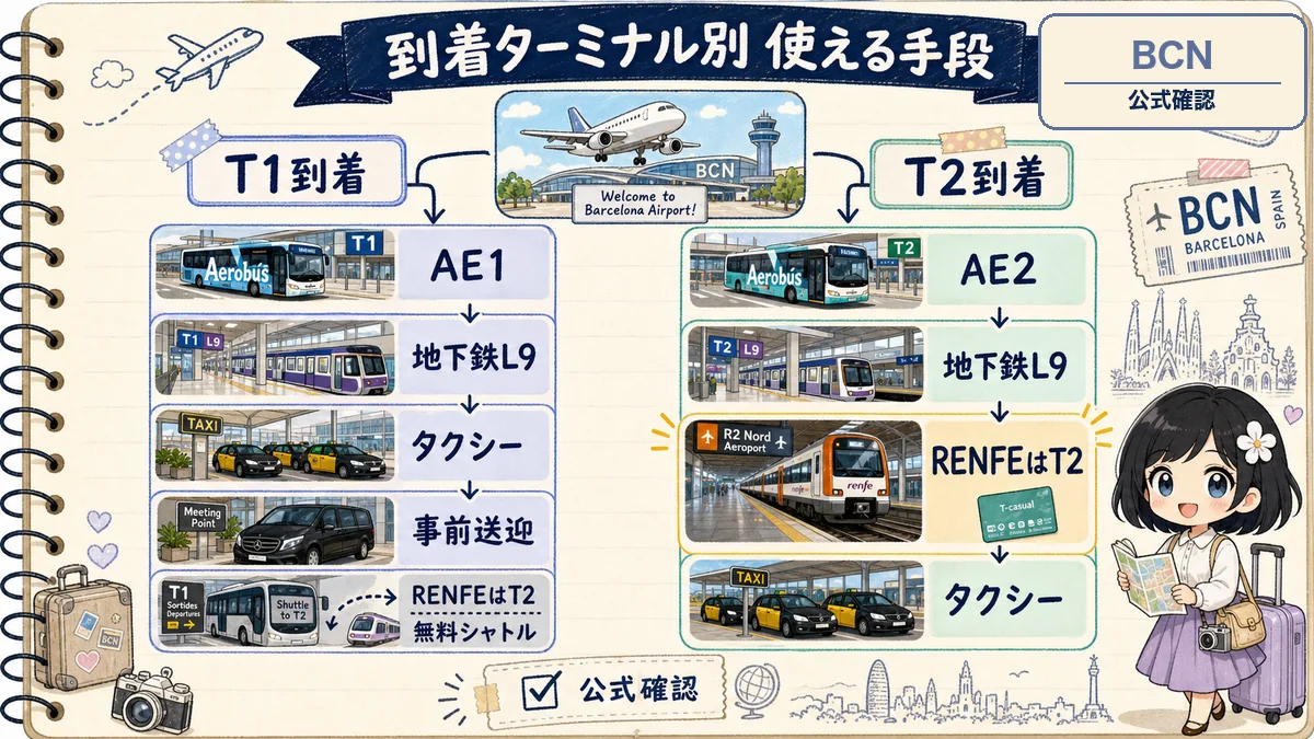バルセロナ空港T1とT2で使えるアクセス手段の分岐フロー図