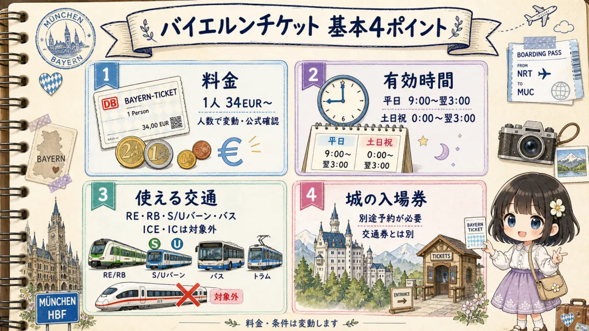 バイエルンチケットの料金・有効時間・使える交通・城の入場券別をまとめた図解