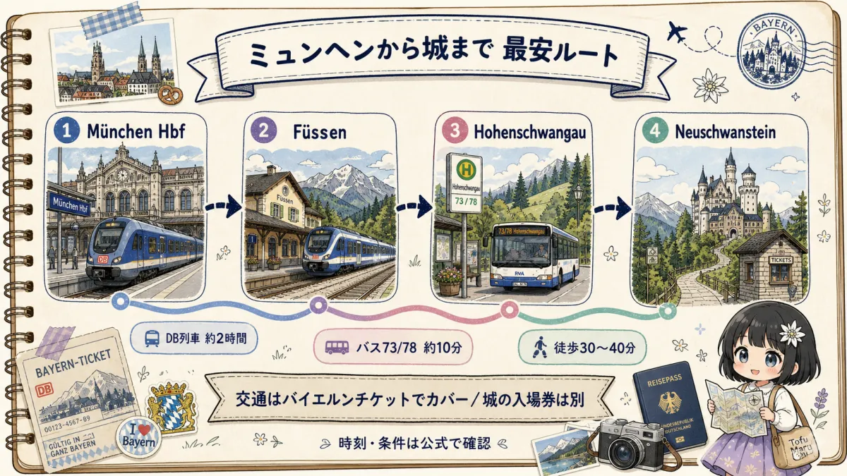 ミュンヘン中央駅からフュッセンとホーエンシュヴァンガウ経由でノイシュヴァンシュタイン城へ行くルート図