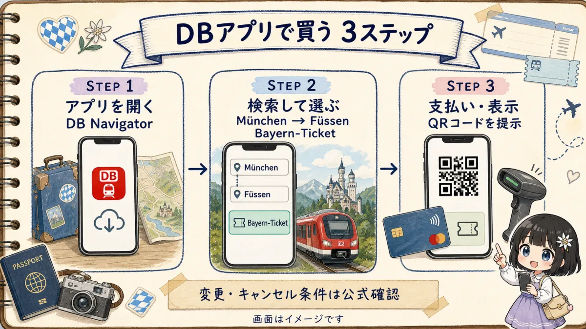 DB Navigatorアプリでバイエルンチケットを購入してQRコードを表示する3ステップ図解