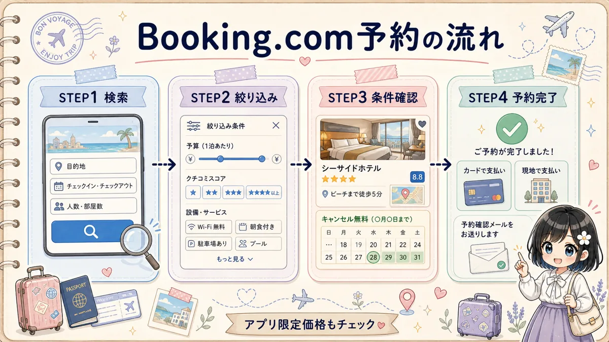 Booking.comでホテルを検索して予約完了するまでの4ステップ図解
