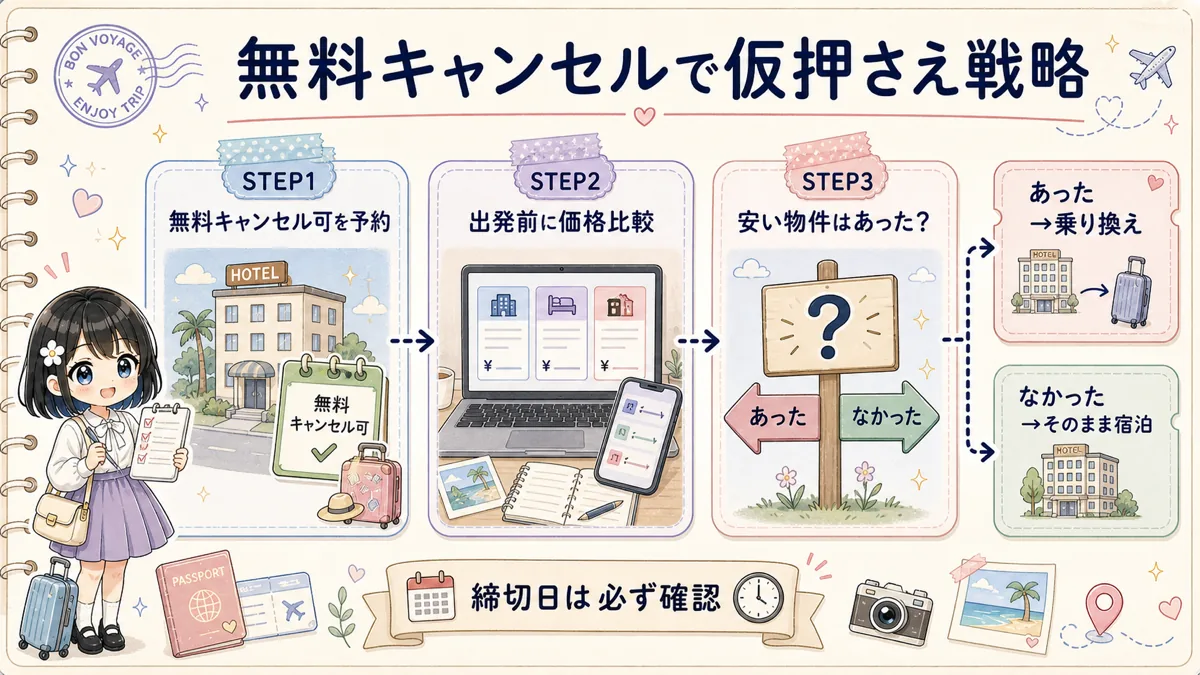 無料キャンセル可のホテルを仮押さえして出発前に価格比較する流れ