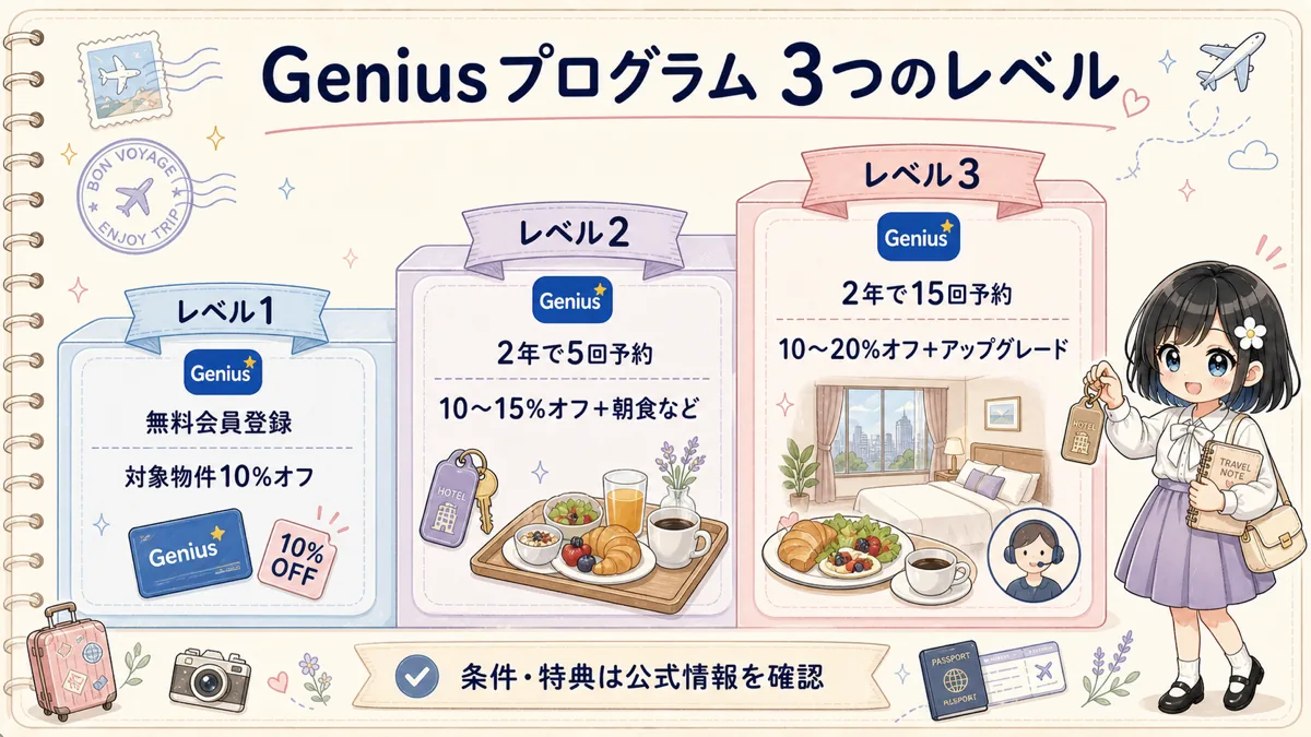 Booking.comのGeniusプログラム3レベルと主な特典の階段図