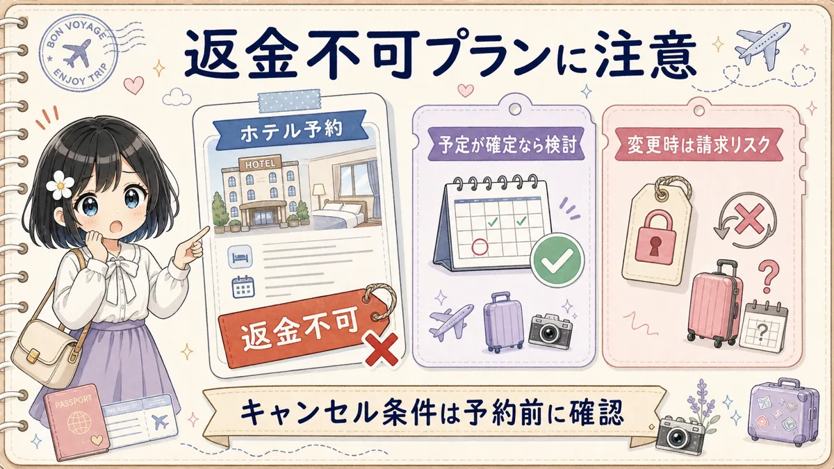 返金不可プランは予定変更時に請求リスクがあることを示す注意図