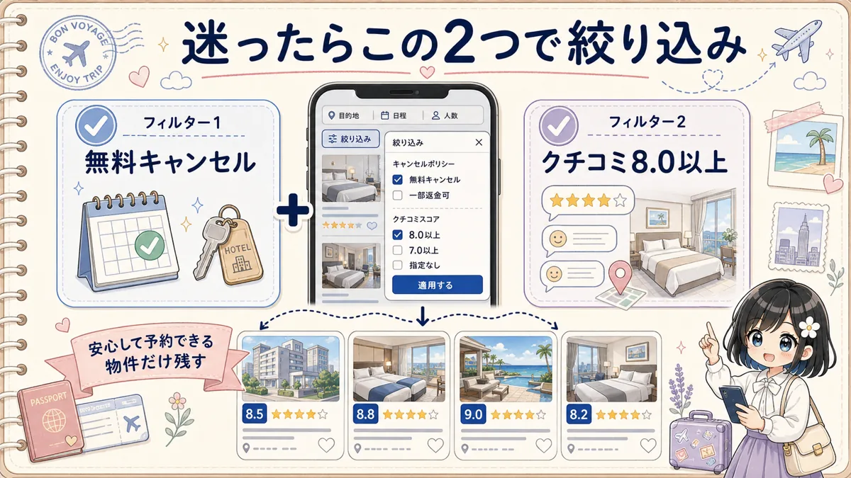 無料キャンセルとクチコミ8.0以上でBooking.com検索結果を絞り込む図解