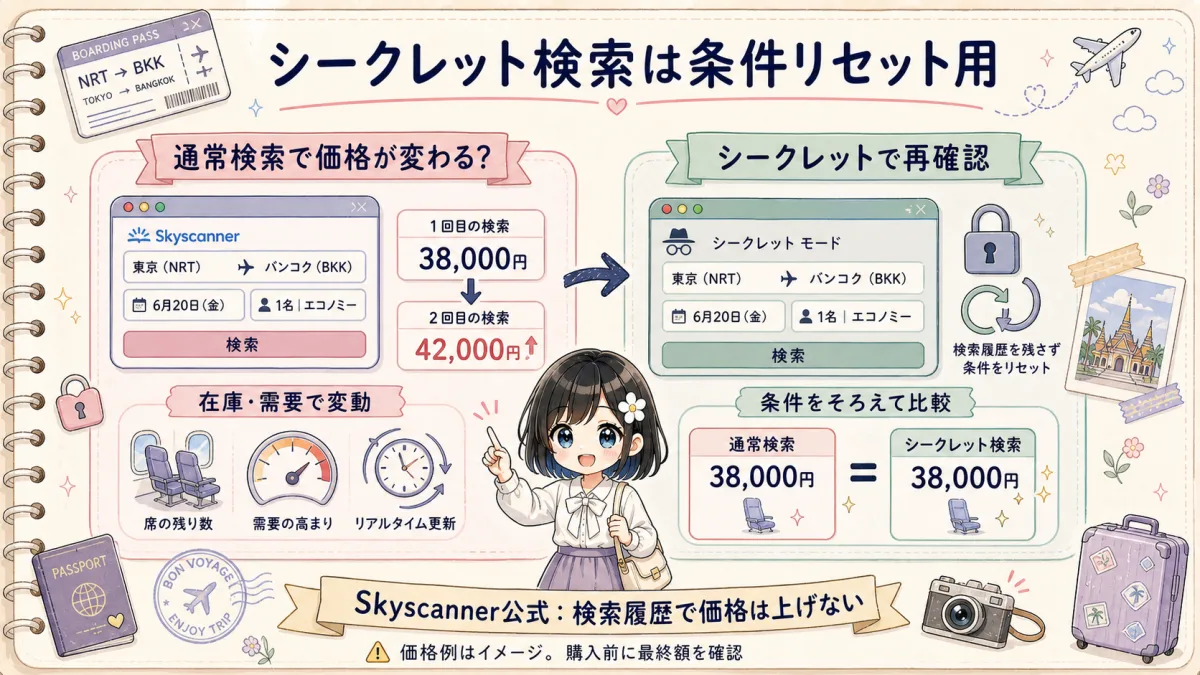 シークレット検索で条件をそろえて航空券価格を再確認する方法の比較図
