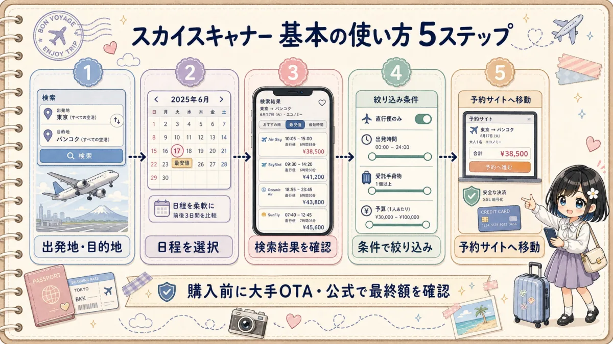 スカイスキャナーの検索から予約サイト遷移までの基本5ステップフロー図