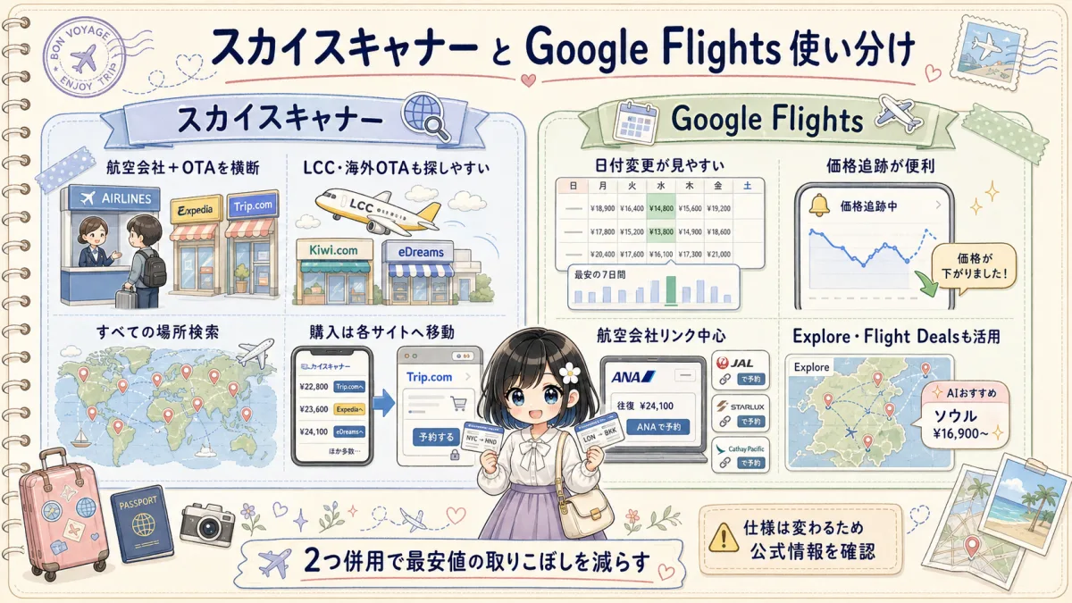 スカイスキャナーとGoogle Flightsの特徴を比較して使い分けを示した図