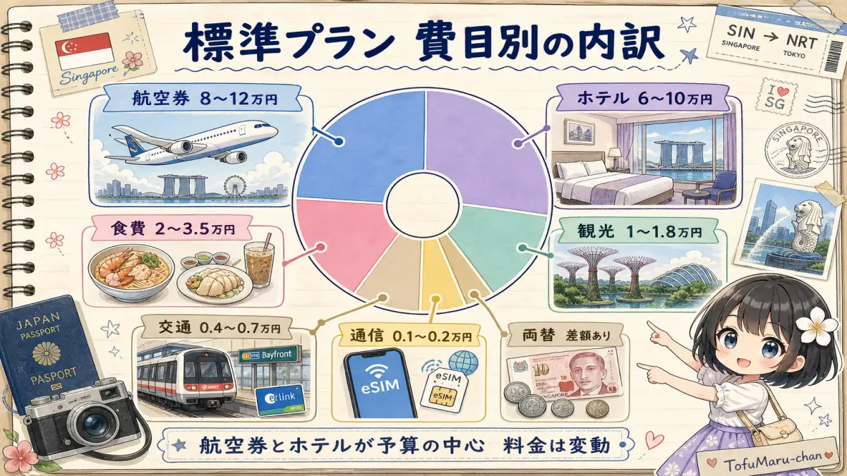 シンガポール3泊4日標準プランの航空券・ホテル・食費などの費目別内訳
