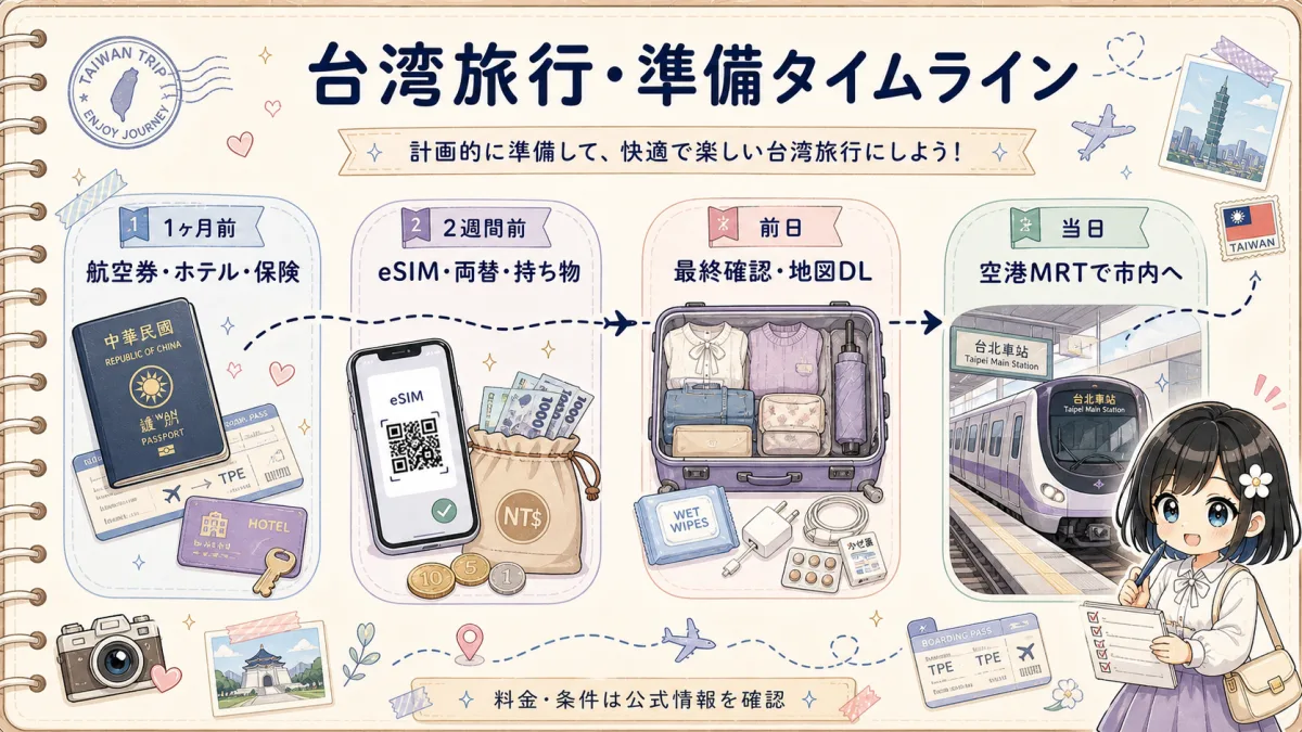 台湾旅行の1ヶ月前から当日までの準備タイムライン図