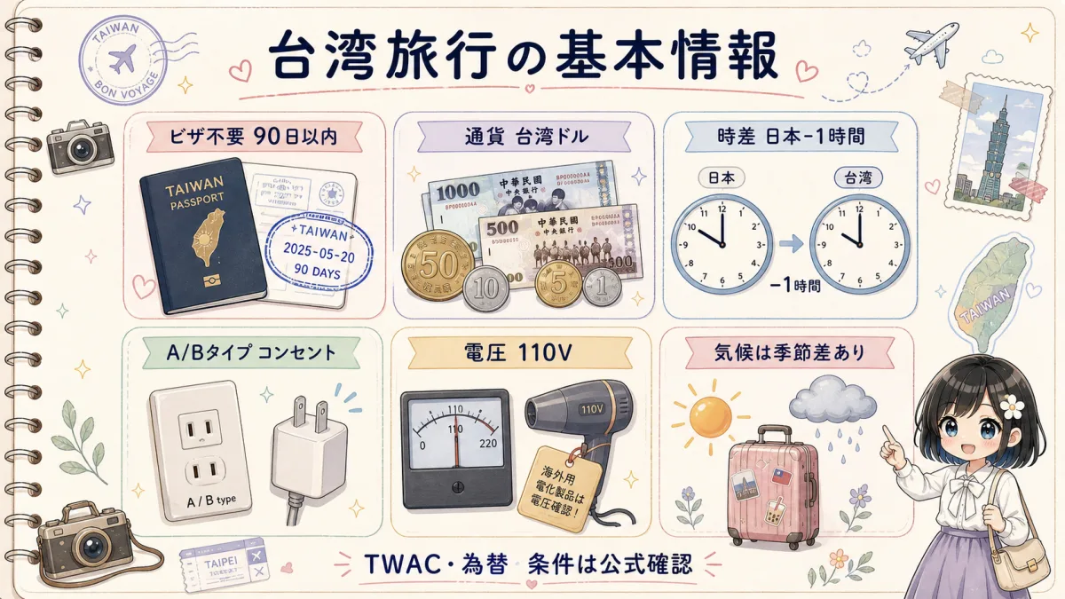 台湾旅行のビザ、通貨、時差、電源、気候の基本情報図解